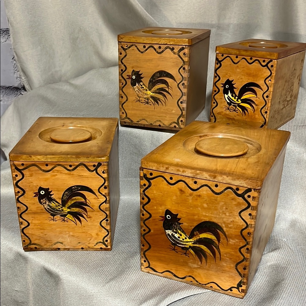 Mid-Century 4 Piece Rooster Wooden Canister Set Woodpecker Woodware